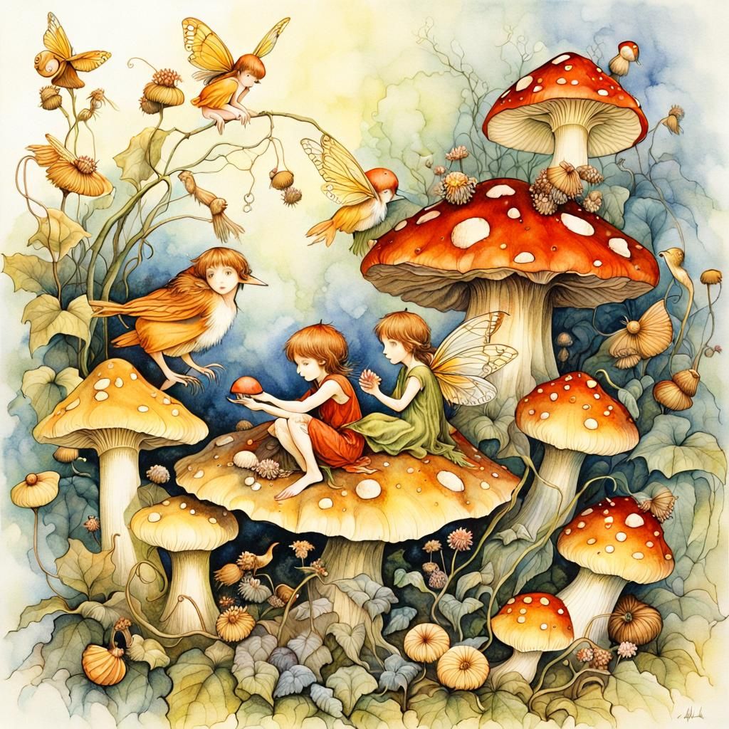 Fairies and Birds on Crystals: Detailed Color Illustration