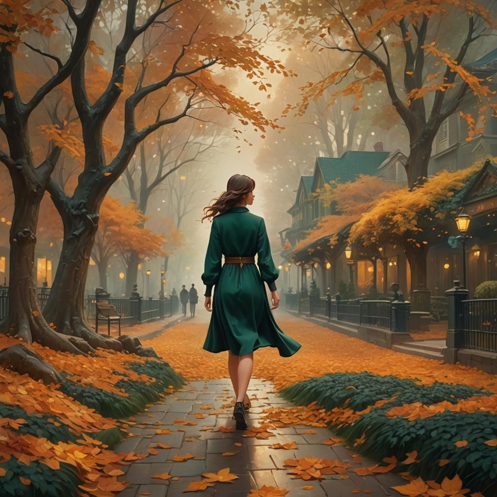 Ethereal Autumn Scene with Lady in Green Dress