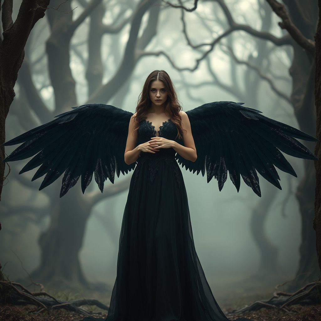 Morgana the Fallen Angel in Mystical Forest, Photorealistic