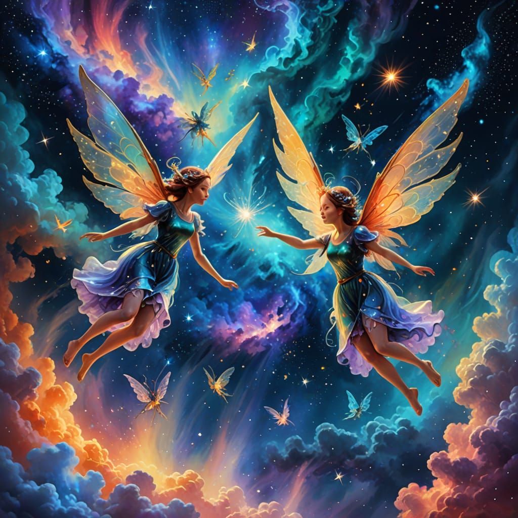 Fairies Fly Through Cosmic Nebulas in Surrealist Oil Paintin...