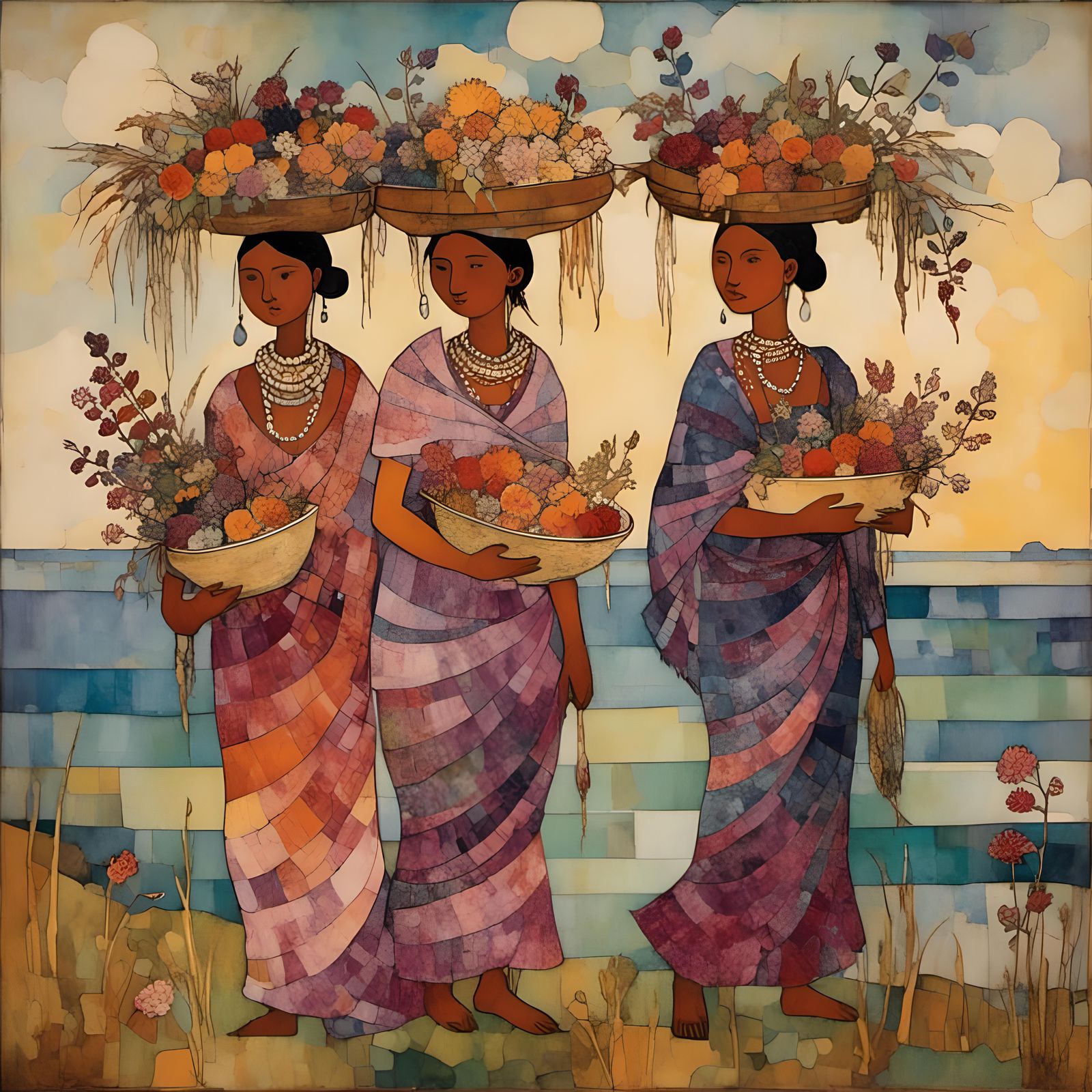 Balinese Girls with Offerings in Batik Sarongs