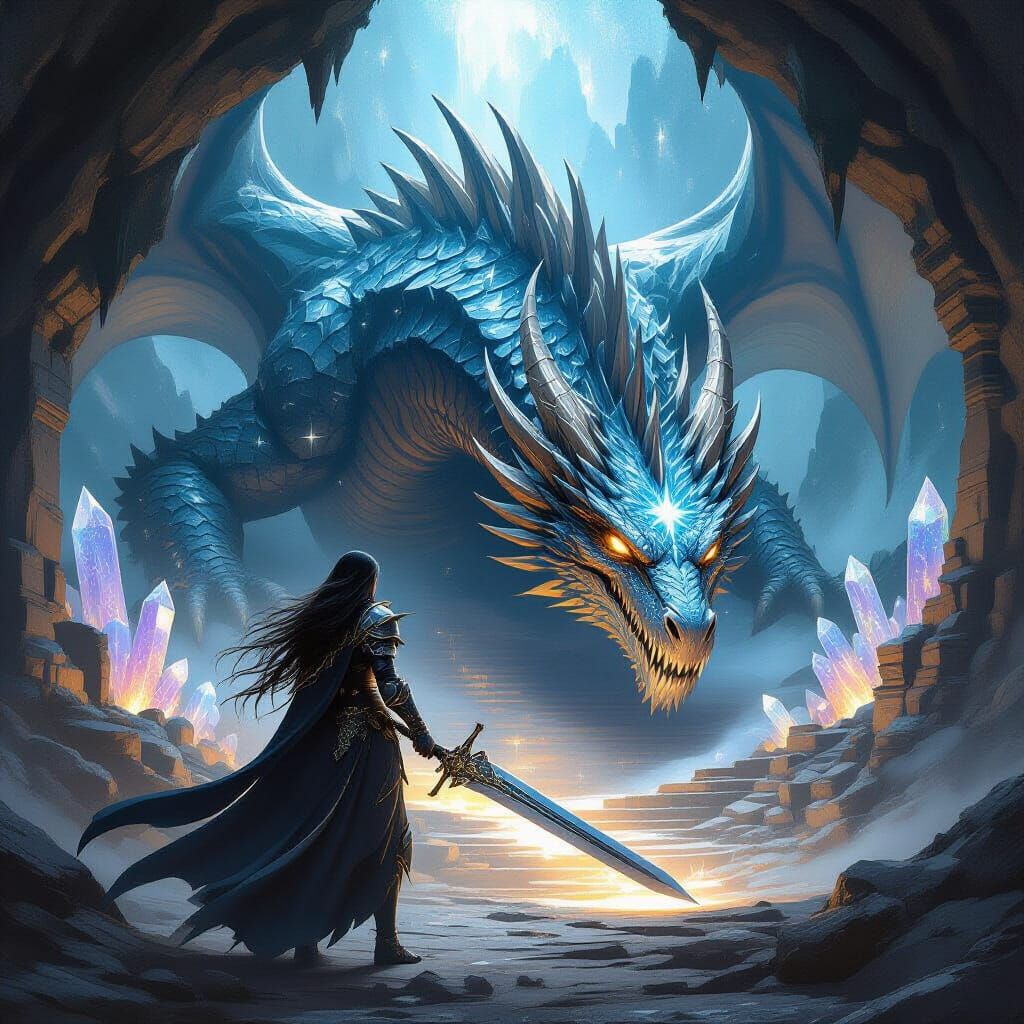 Obsidian Knight Battles Starlight Dragon in Crystal Lair