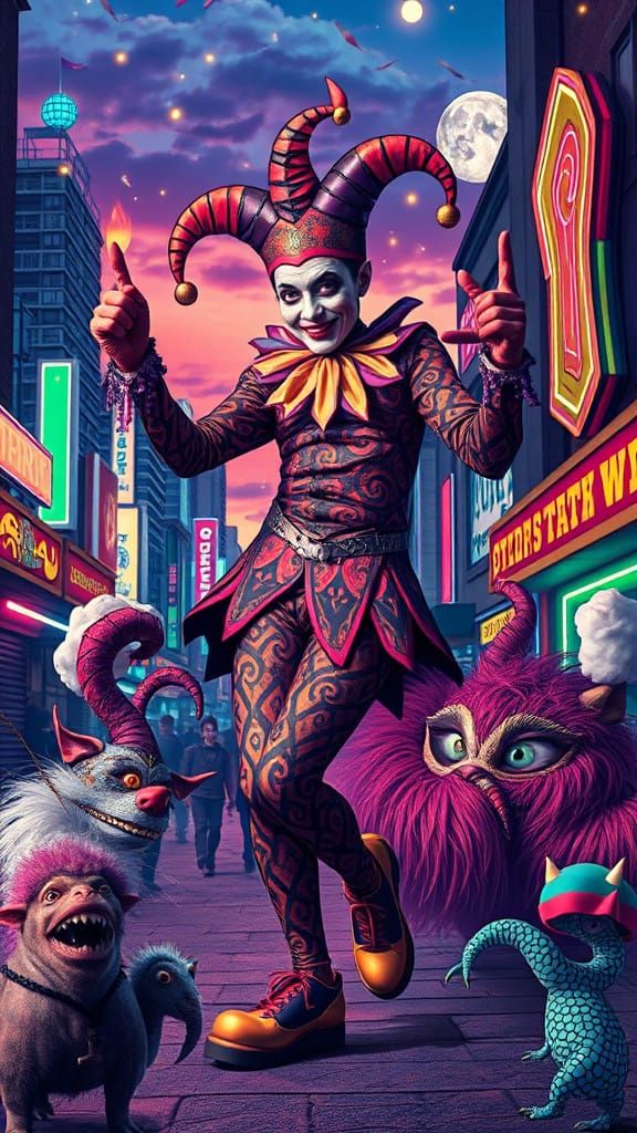 Surreal Cyberpunk Jester in Vibrant Cityscape