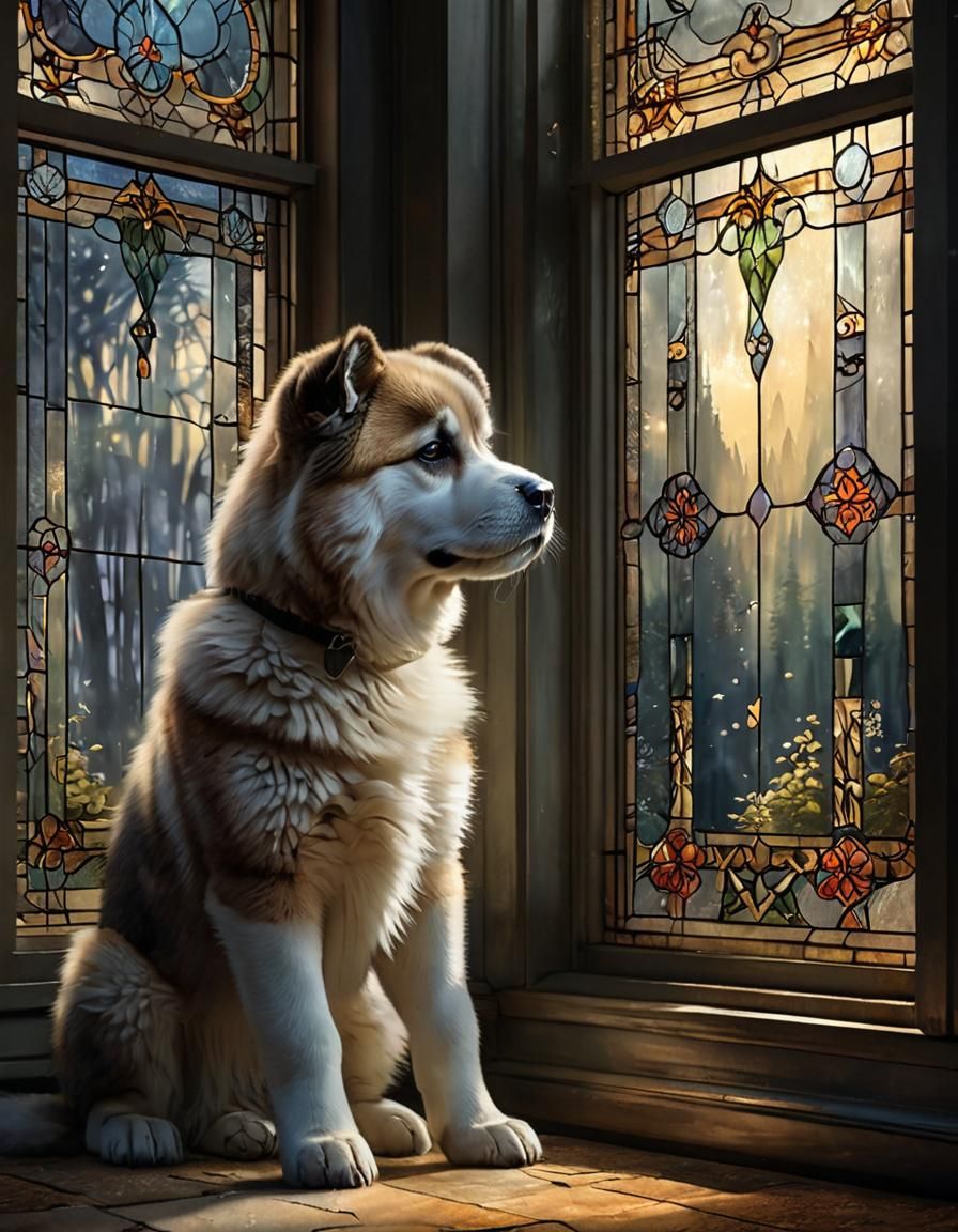 Akita Puppy Waits at Stained-Glass Window