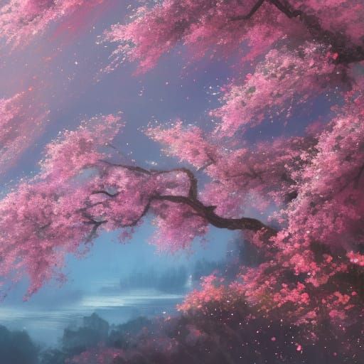 Glistening Cherry Blossom Tree in Oil Painting Style