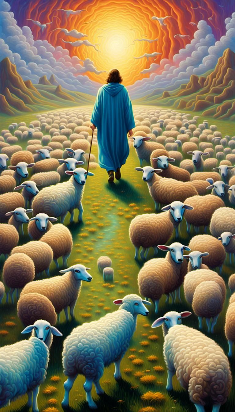 Cyber Shepherd Guiding Digital Sheep in Surreal Oil Painting