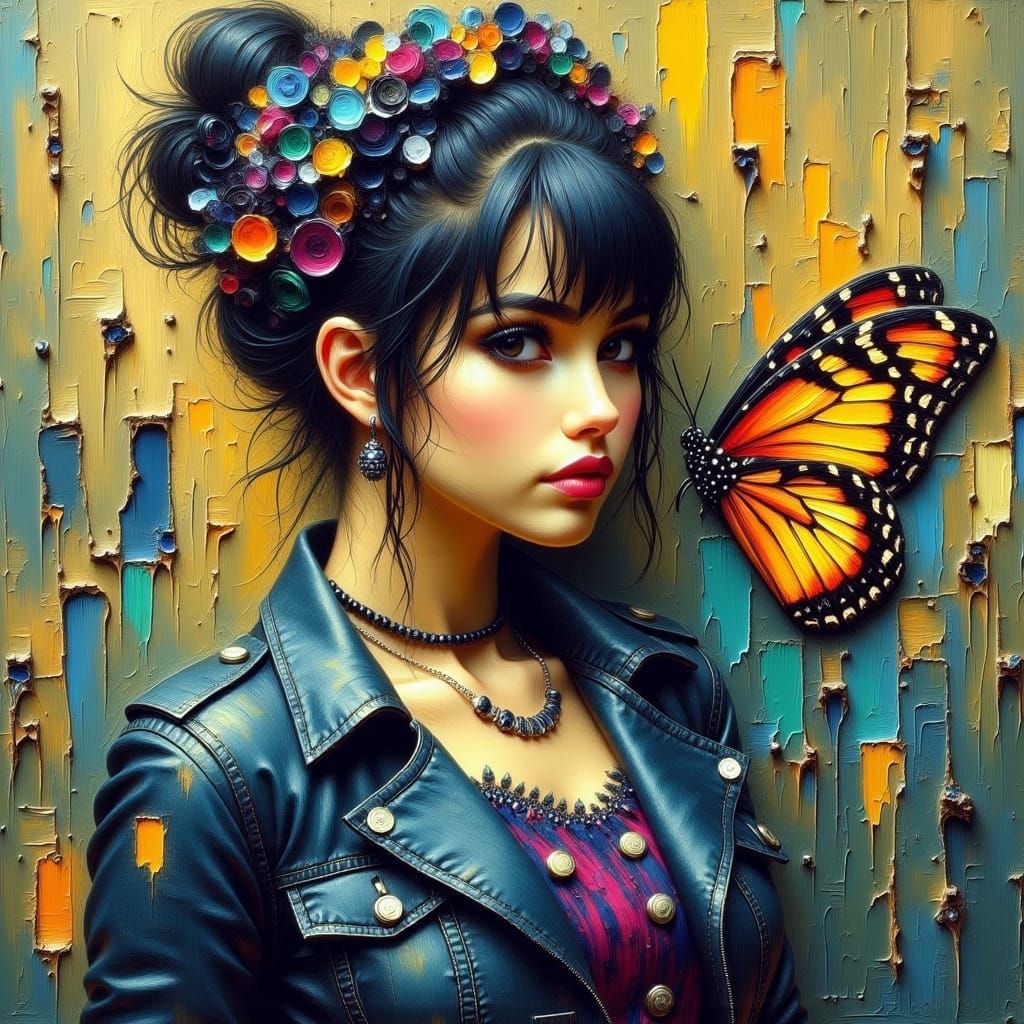 a woman wearing denim with a butterfly on a wall, graffiti art...