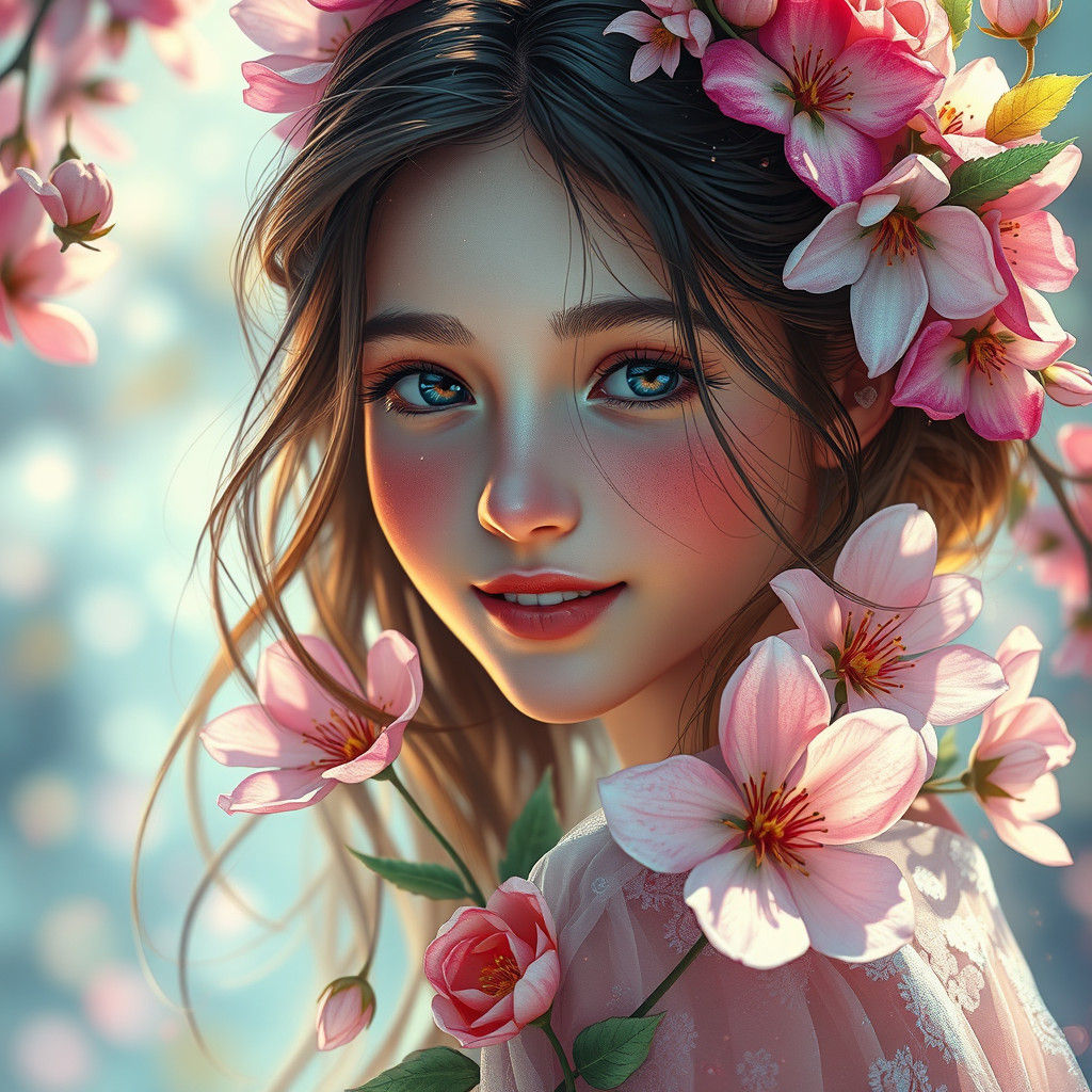 Ethereal Flower Girl Portrait in Mystical Style