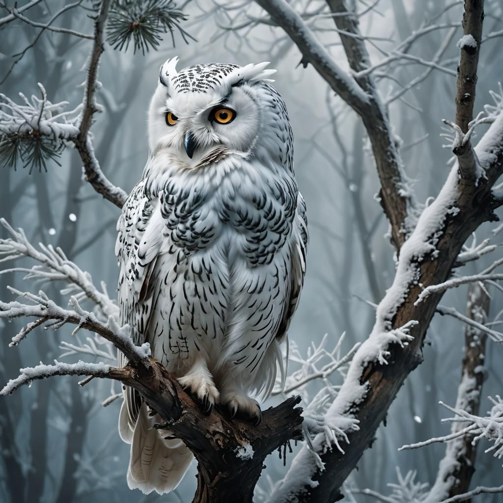 Giant White Owl in Winter Landscape, Baroque Splash Art
