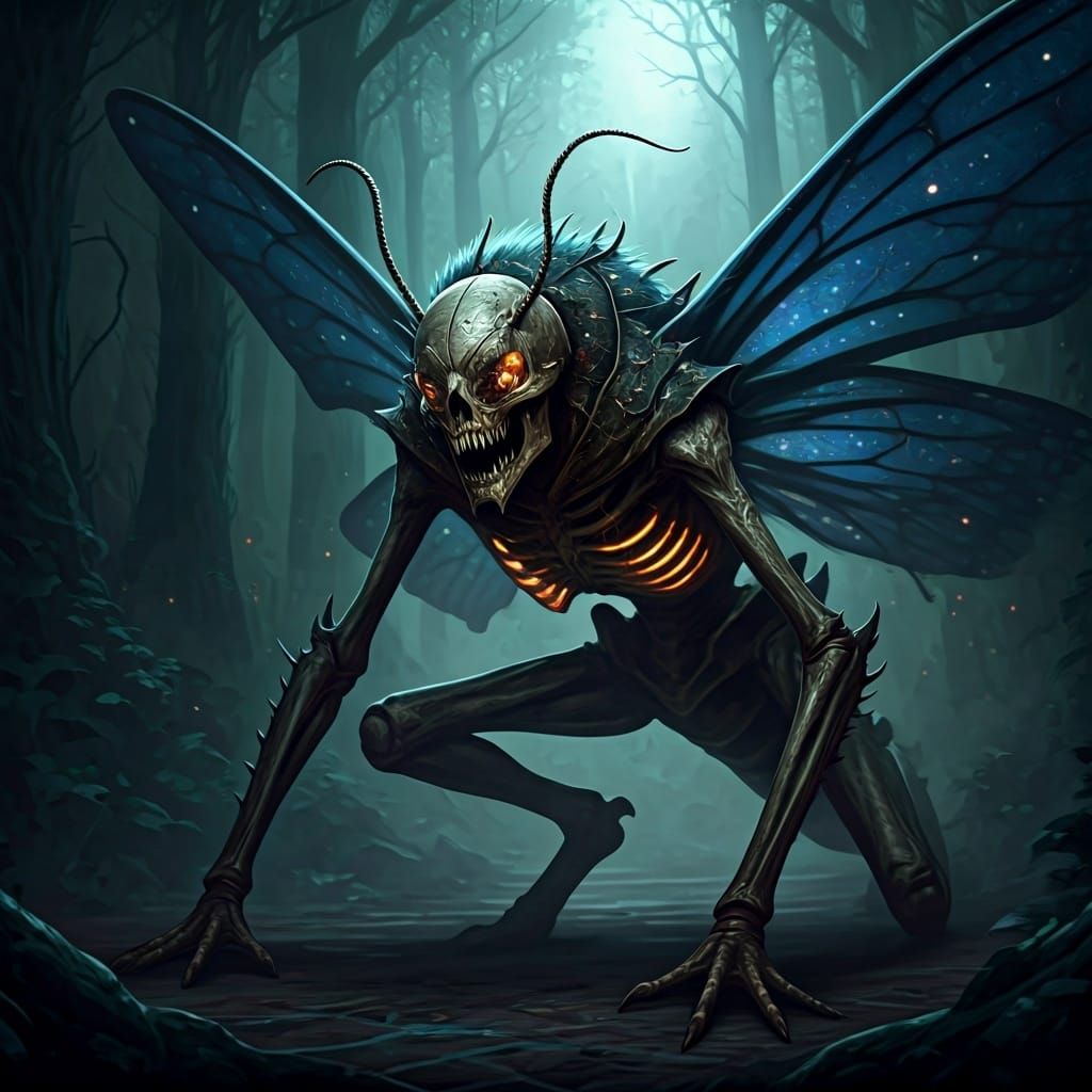 Nightmarish Insectoid Creature in Dark Forest