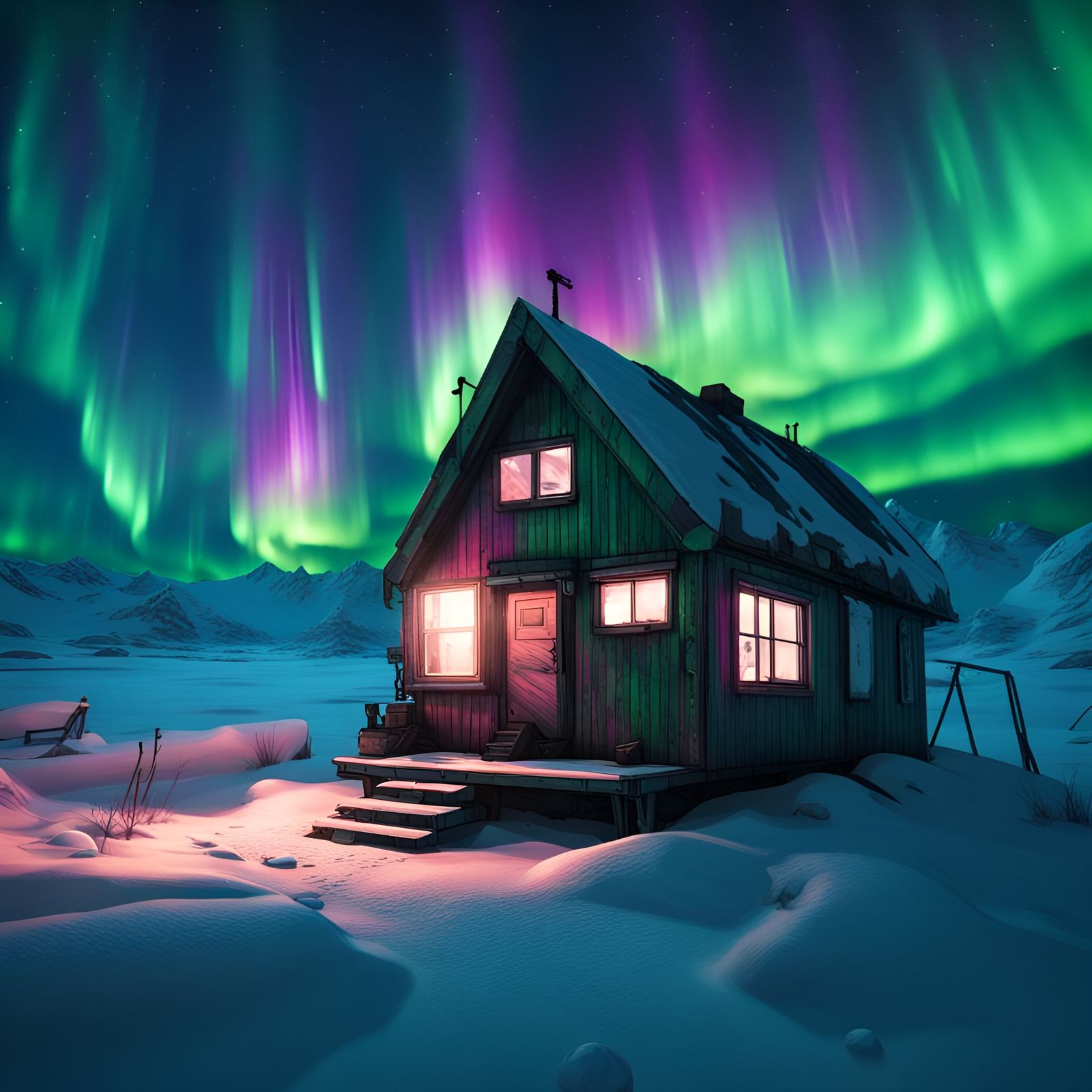 Cyberpunk Shack Under Northern Lights