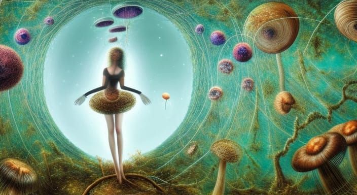 Woman in Mycelium Network: Dynamic Stargazing Scene