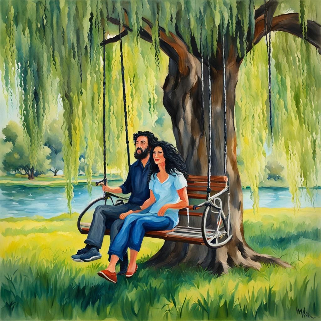 Couple Swinging Under Willow Tree, Impressionist Gouache Sty...