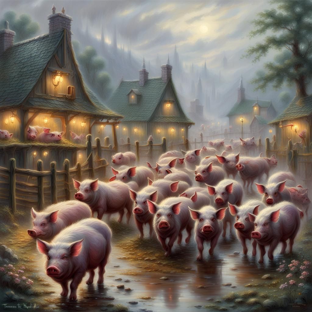 Orc Herding Pigs in Rainy Pen, in Kinkade Style