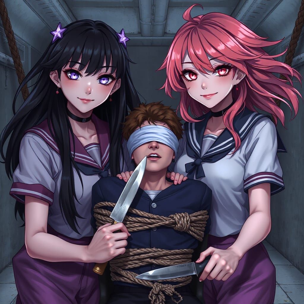 Creepy Anime Girls Threaten Hostage: 3D Render