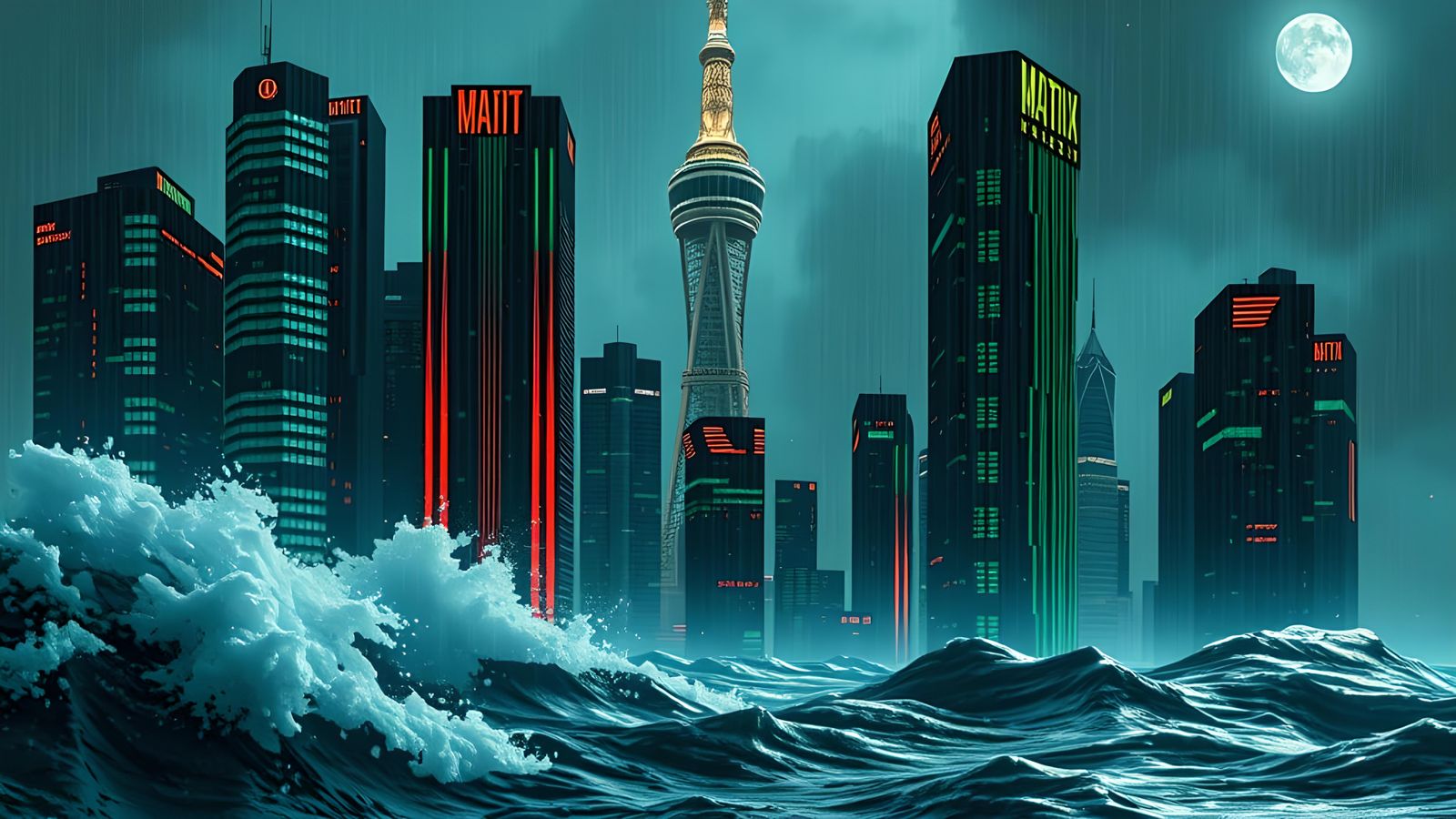 Cyberpunk Metropolis Dissolving into Digital Rain