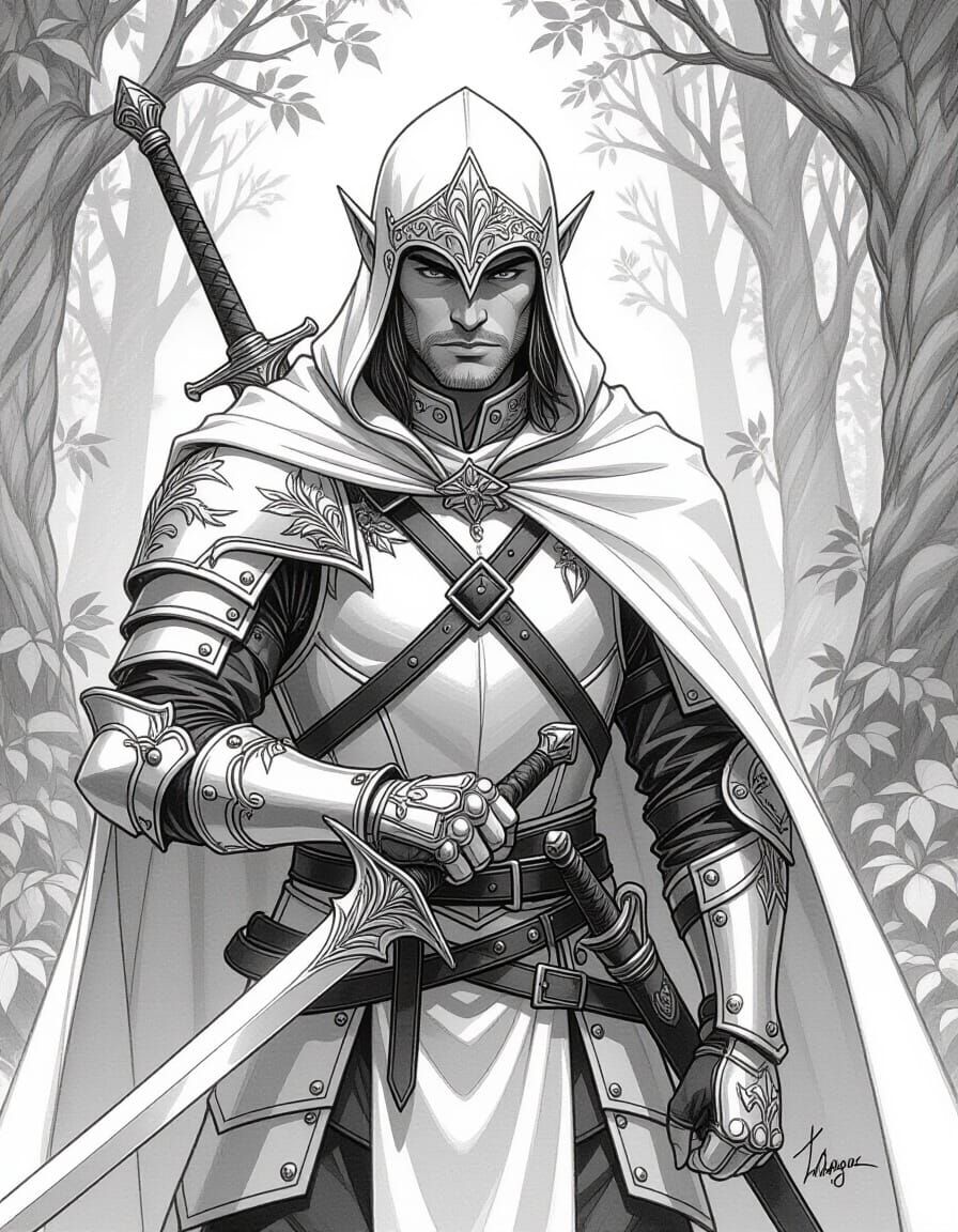 Elven Knight in Forest: Larry Elmore Pencil Sketch