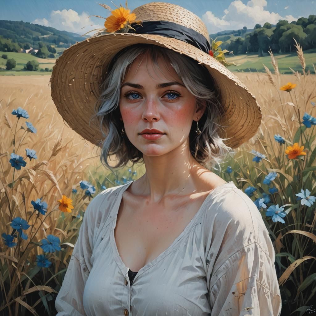 Voluptuous Woman in Straw Hat, Oil Painting