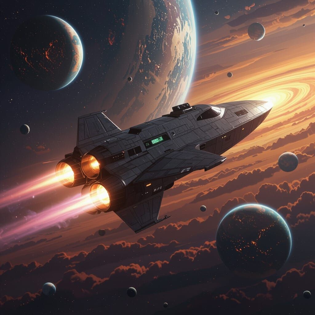 Starship at Event Horizon with Swirling Planets