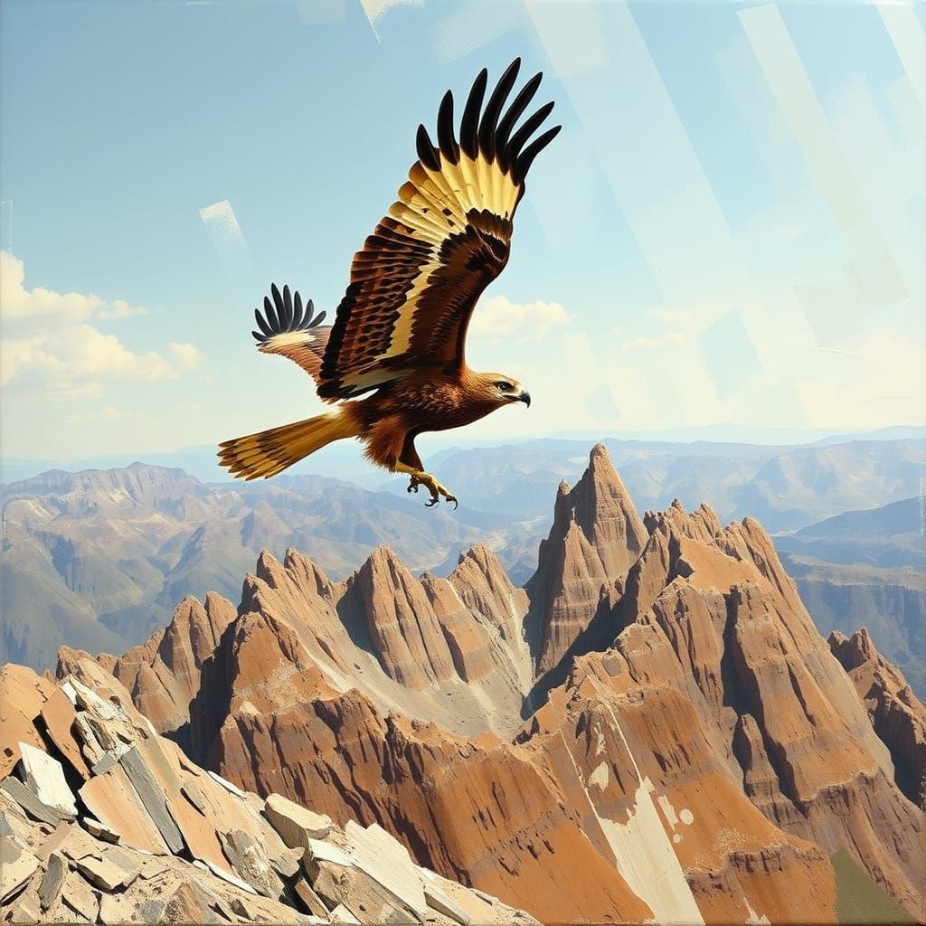 Hawk Soaring Over Mountains in Mixed Media Style