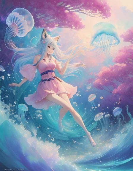 Neko Girl in Jellyfish Field, Watercolor Style