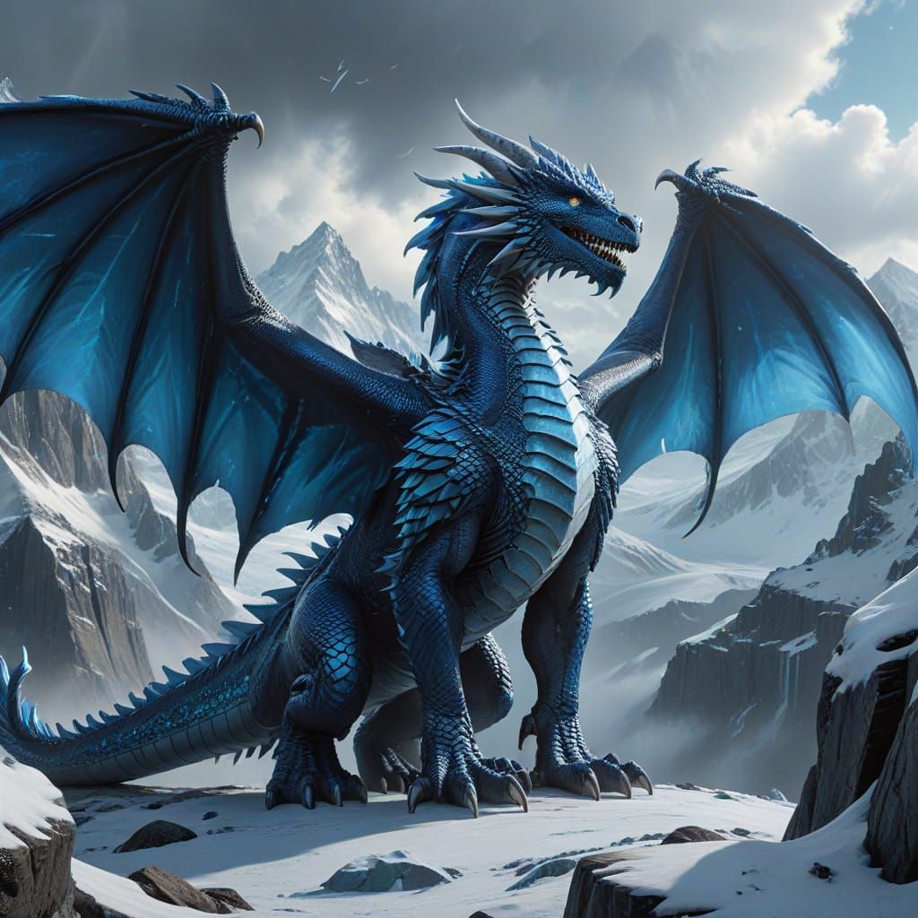 A wide full body shot of an enormous powerful mature Icewing dragon named Avalanche from the Wings of Fire series, wide ...