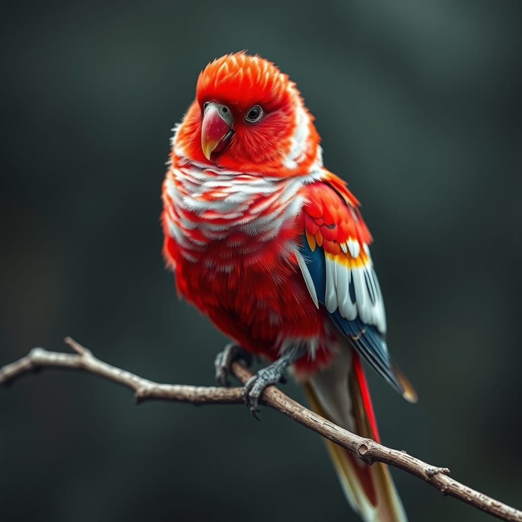 Hyperrealistic Red and White Parakeet on Branch