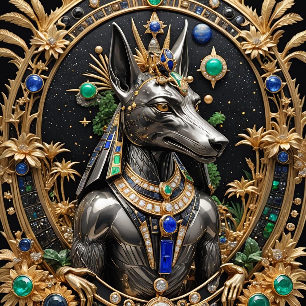 Egyptian God Anubis Brooch in Platinum and Gold