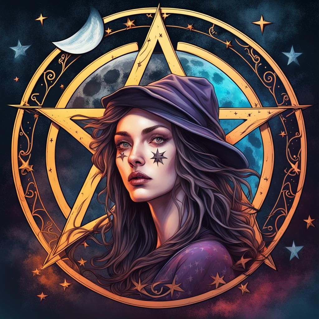 Hyperrealistic Pentagram with Moon, Stars and Witch