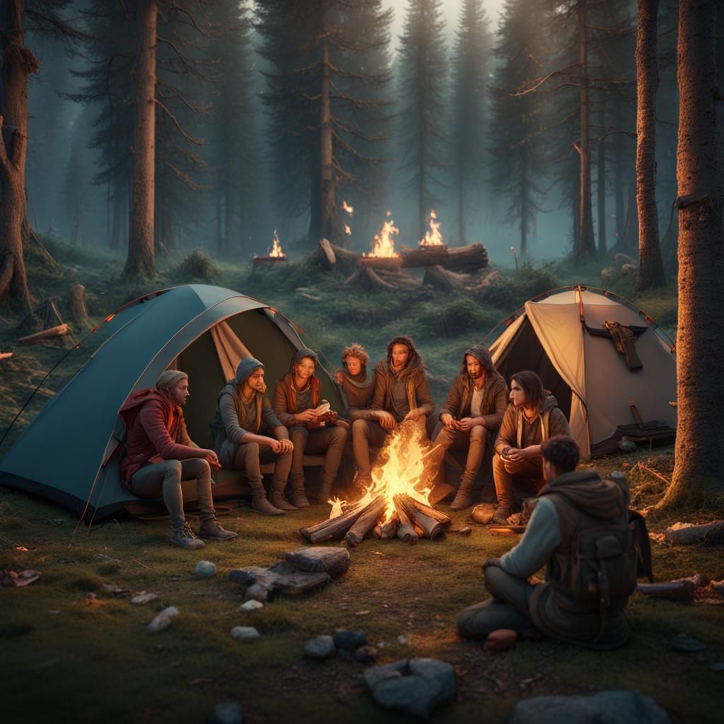 Friends Camping in Woods: Detailed Matte Painting