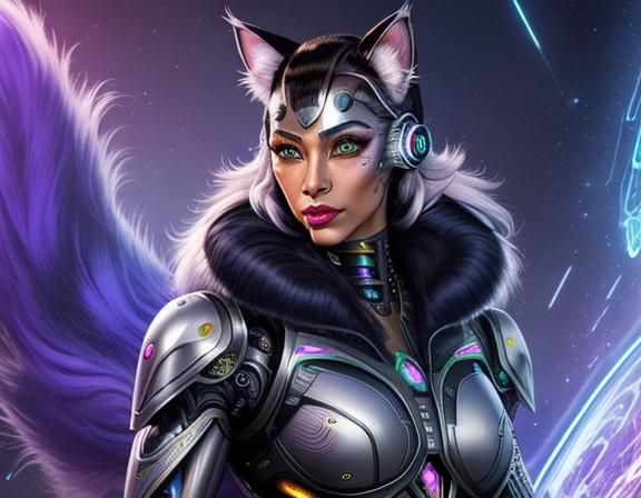 Cyborg Cat-Woman in Retrofuturistic Pin-Up Style