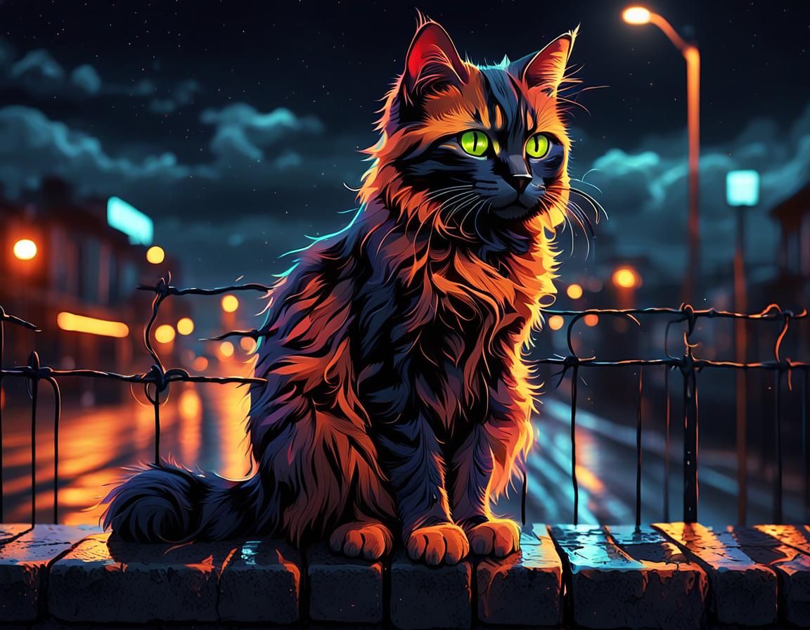 Neon City Cat in Cinematic Digital Art