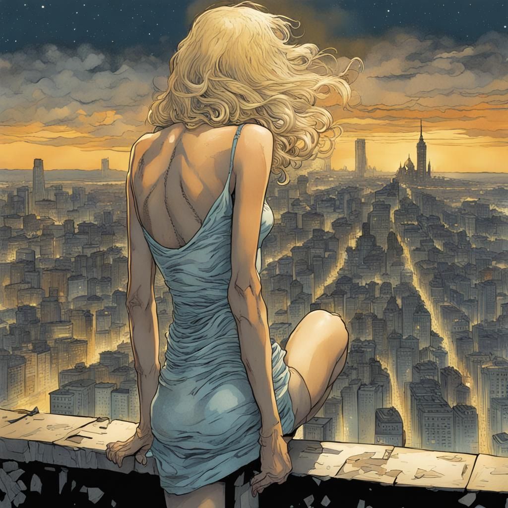 Nude Woman in Desolate City: Comic Book Illustration