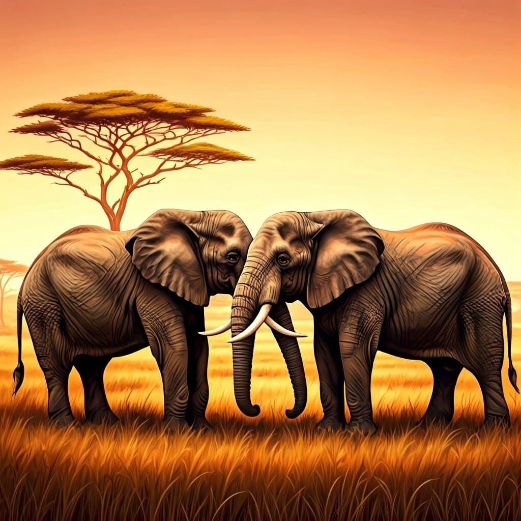 Elephants' Tender Embrace at Sunset: Pastoral Art