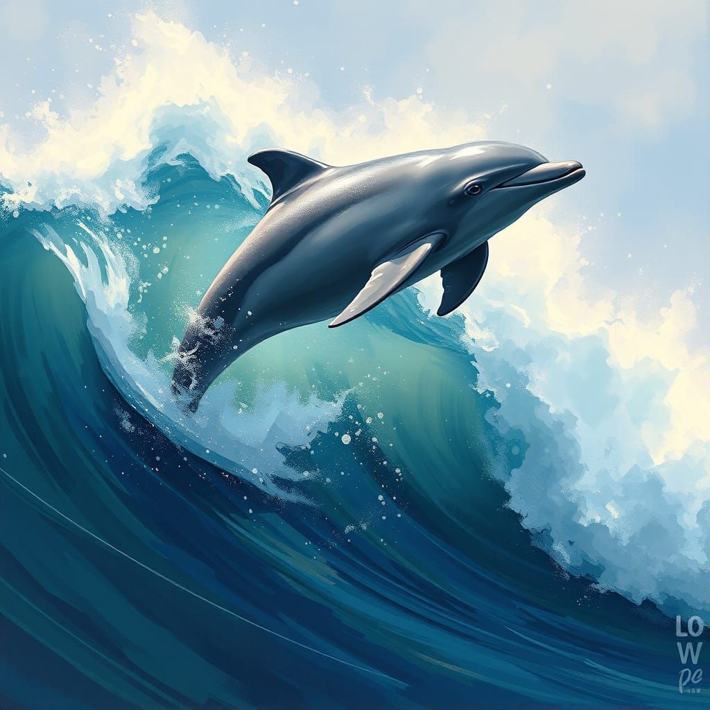 Dolphin Leaps in Stormy Impressionist Waves