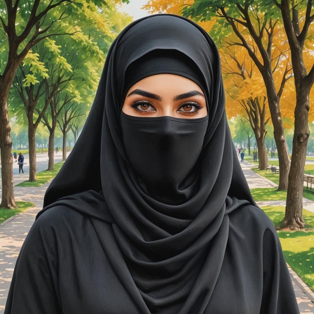 Beautiful Niqabi Woman in Park, Colored Pencil Drawing