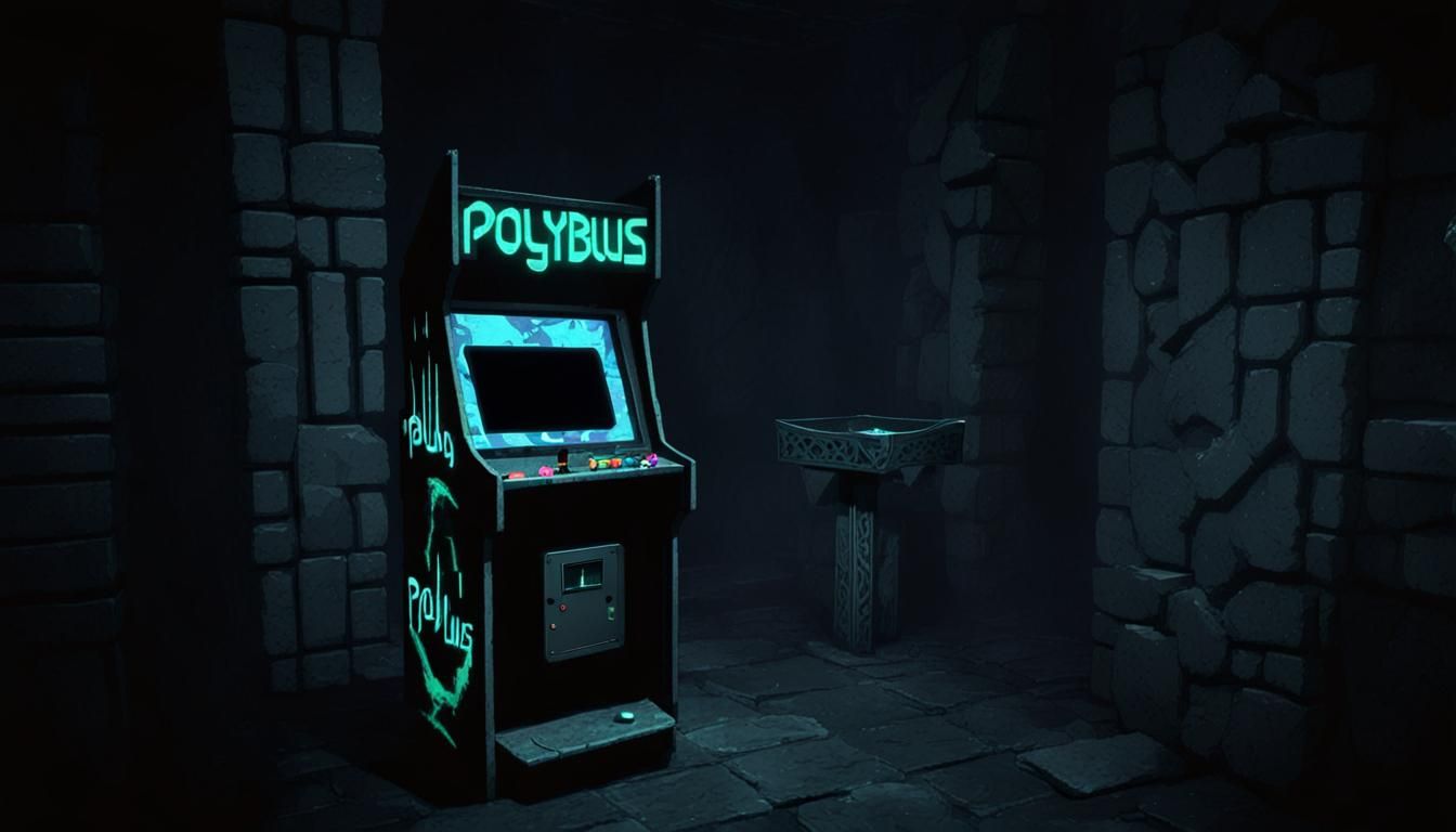 Ominous Polybius Arcade Machine in Dark Dungeon
