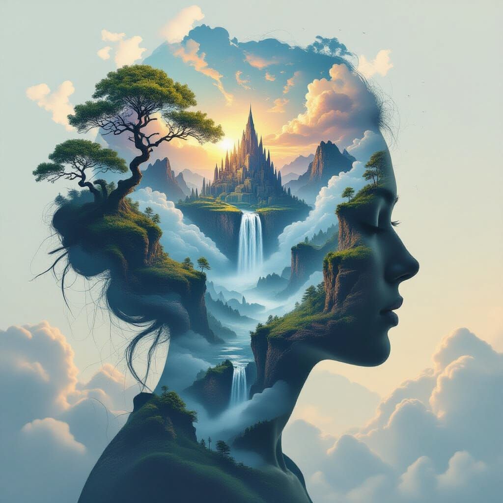 Surreal Double Exposure Tree and Face with Fantastical Lands...