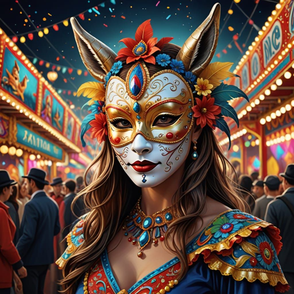 Woman in Ornate Carnival Mask: Vibrant 3D Digital Art
