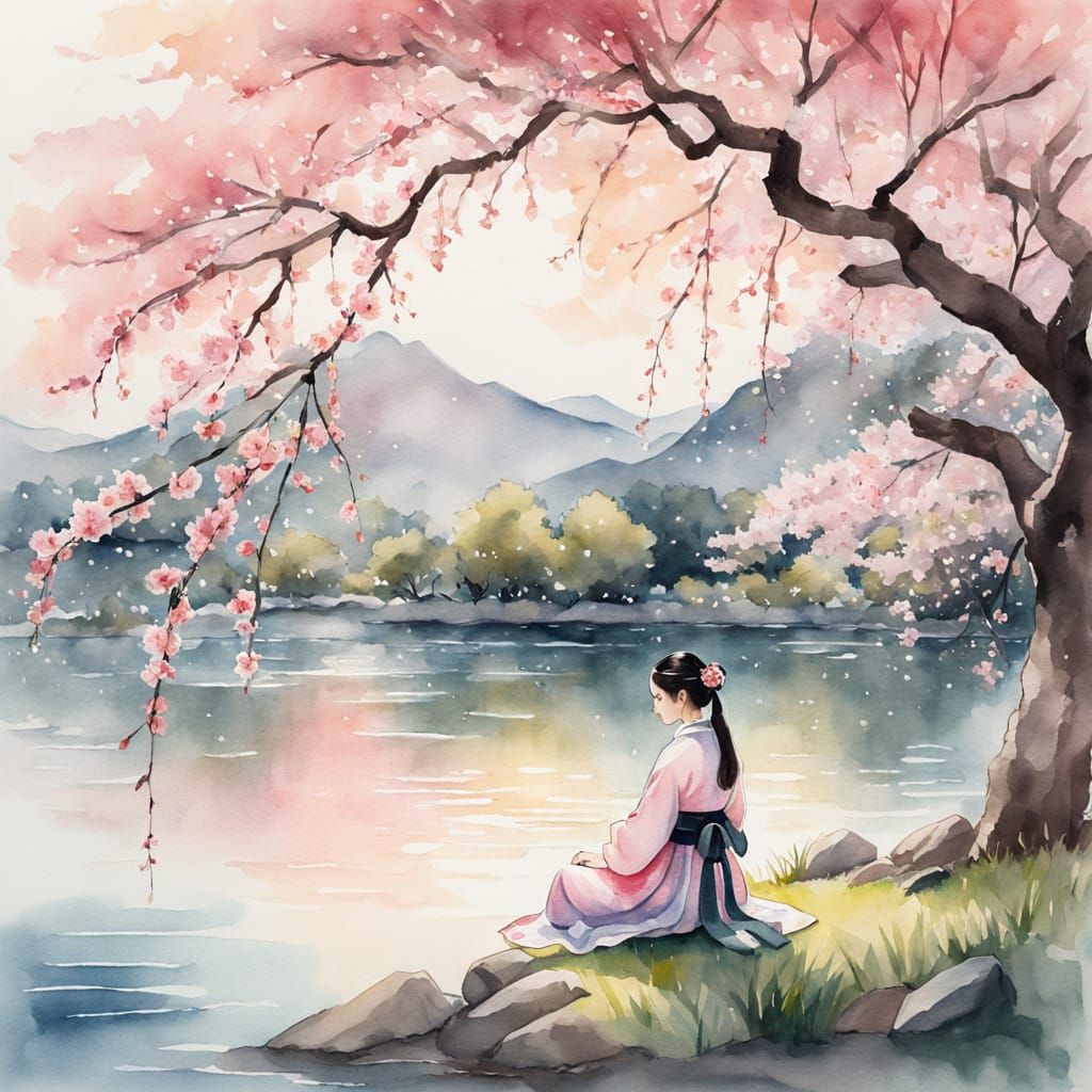 Young Woman Under Cherry Blossoms in Whimsical Watercolor