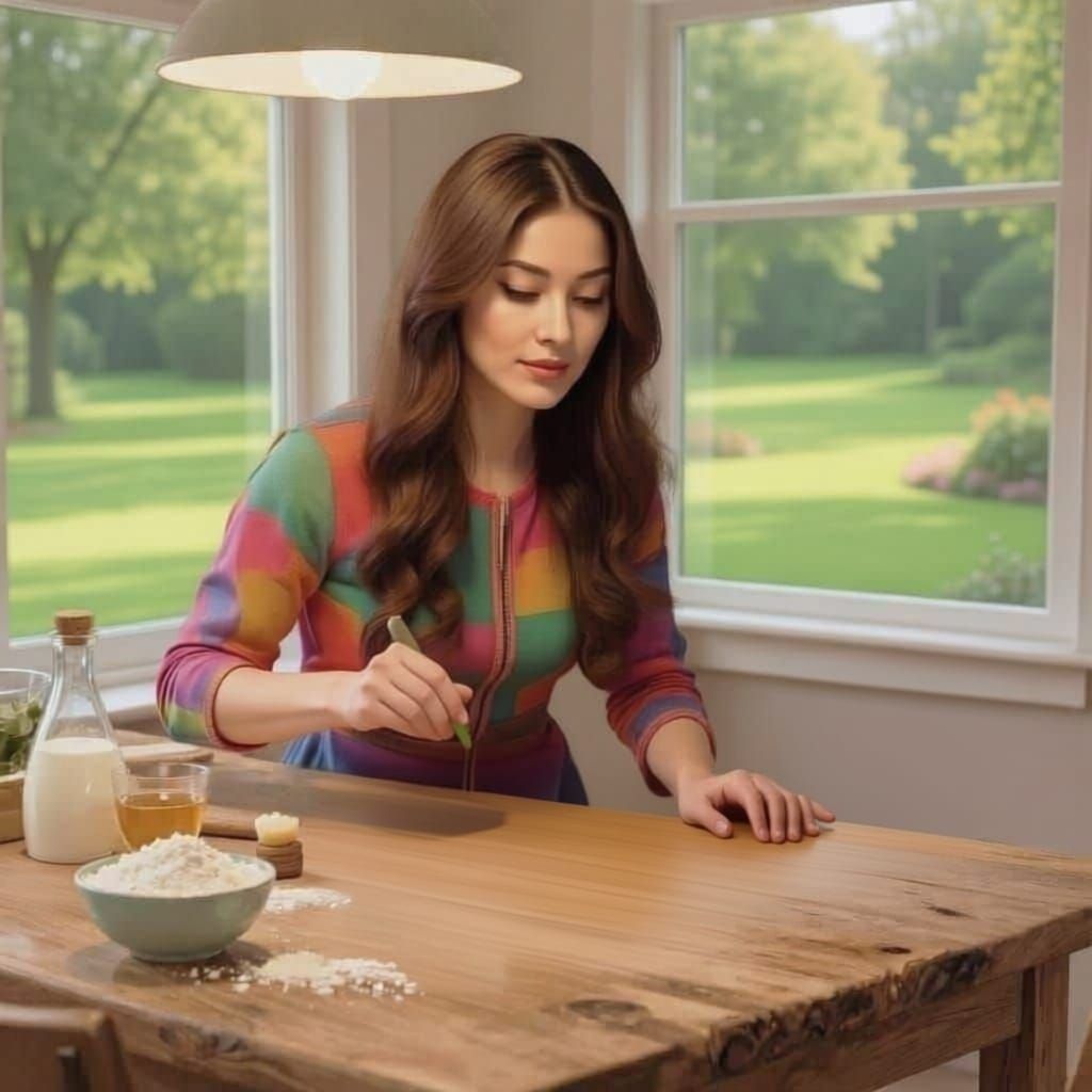 Woman Baking Pie While Typing on Laptop in Kitchen