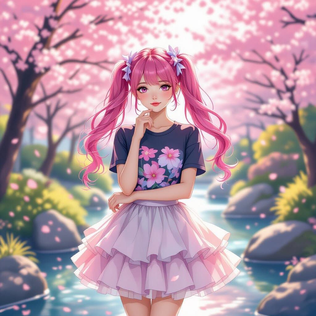Harajuku Girl in Japanese Garden with Falling Blossoms