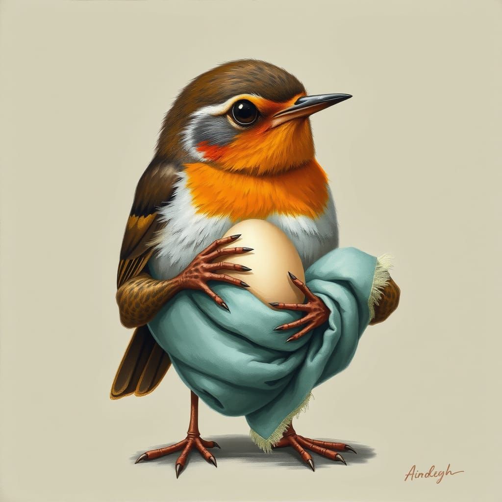 Anthropomorphic Robin Displays Egg in Gouache Illustration