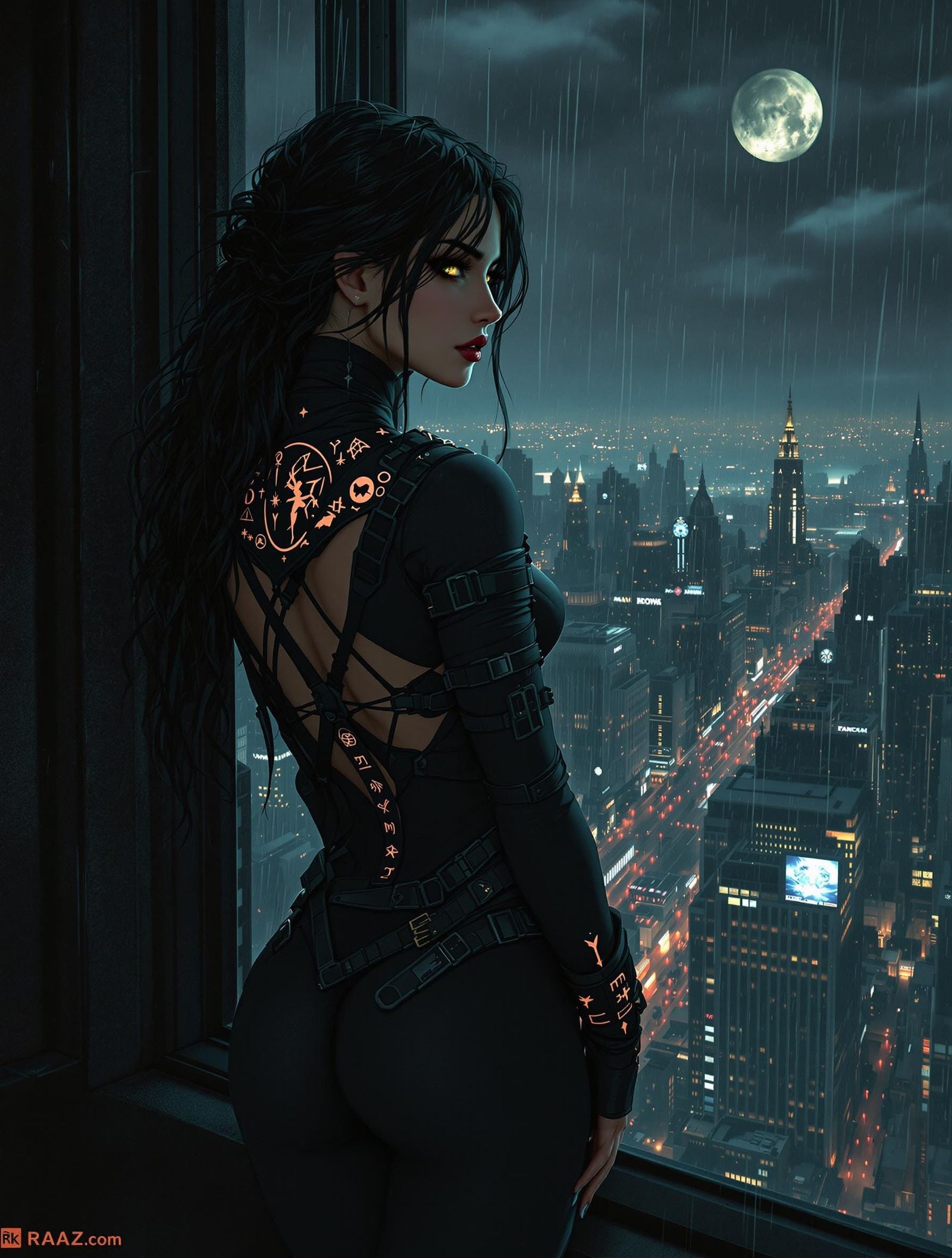 Tactical Vampire Assassin Overlooking Cyberpunk Cityscape
