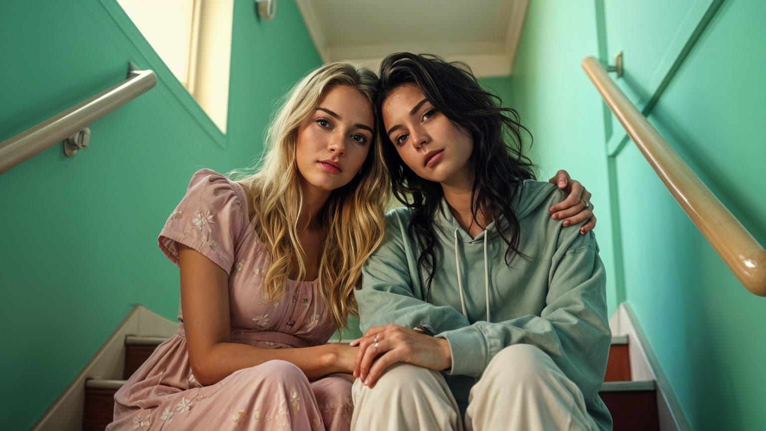 Emotional Women in Hospital Stairwell, Wes Anderson Style