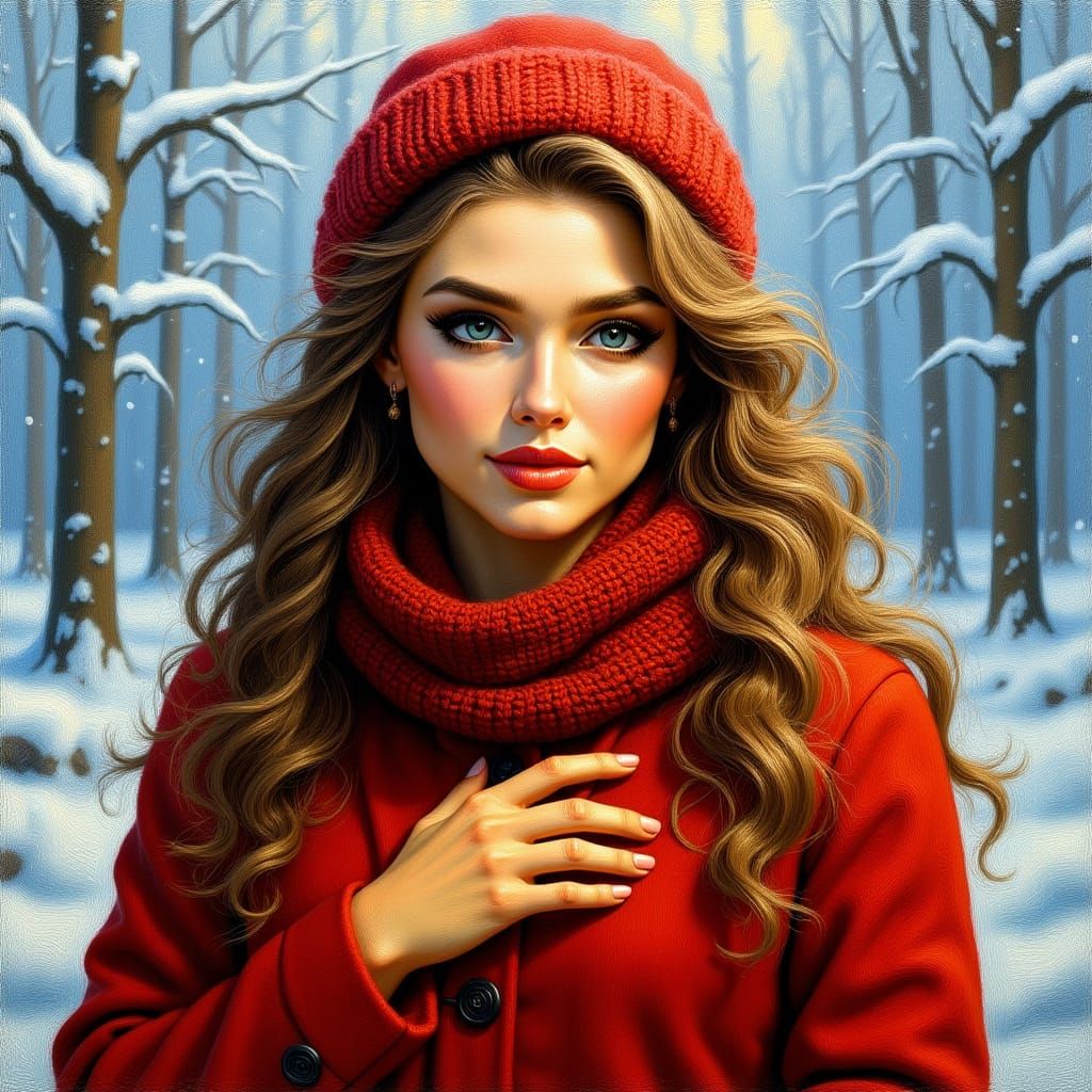 Impressionist Portrait of a Serene Woman in Snowy Forest