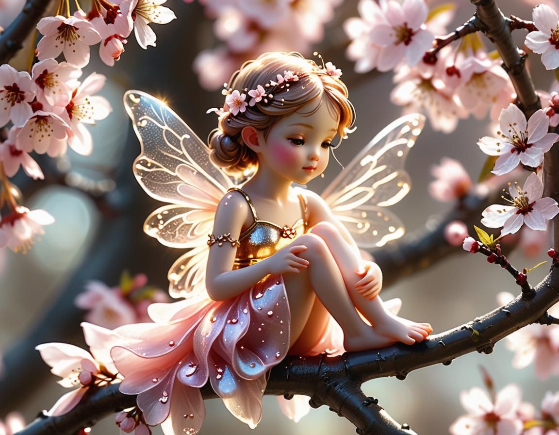 Ethereal Fairy in Cherry Blossom Tree, Photorealistic