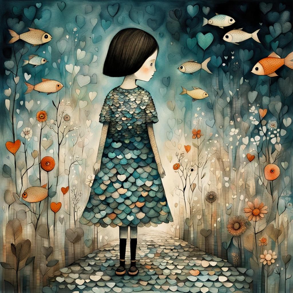 Big-Eyed Girl in Fish Scale Dress Sketch