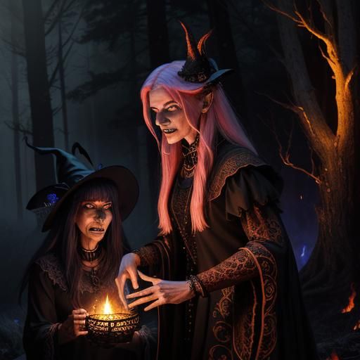 Two spooky enchanting witches dance around a fire in the for...