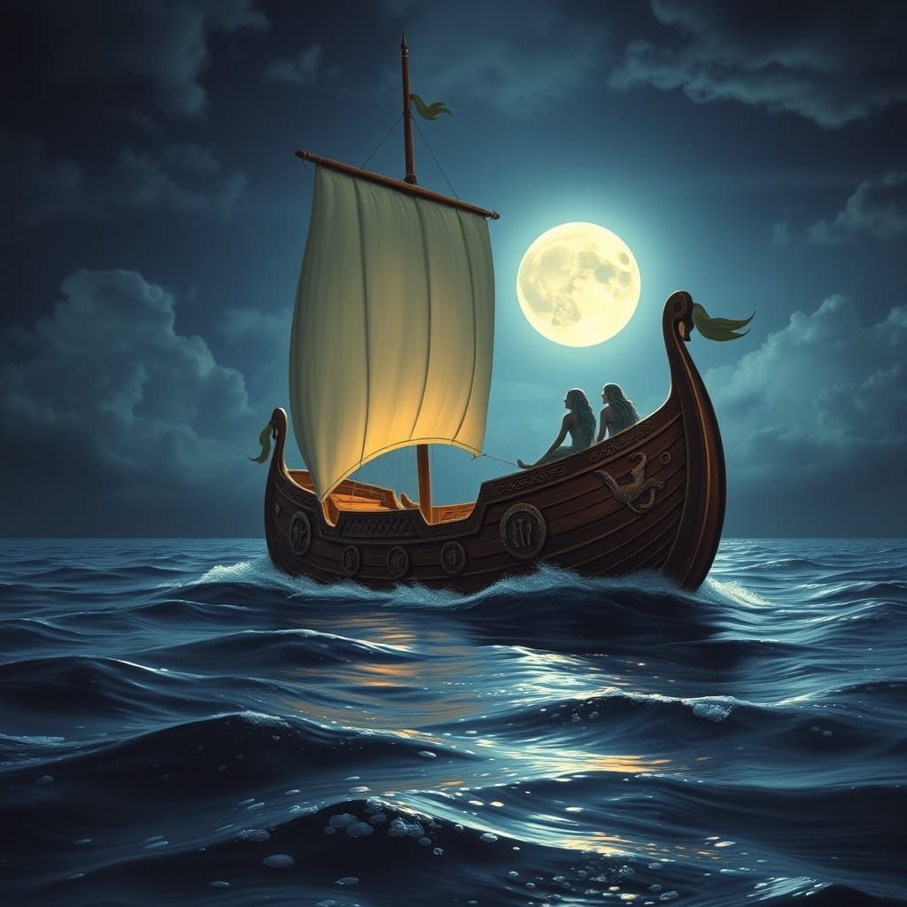 Majestic Viking Longship Under Moonlit Waters with Mermaids